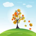 Autumn Tree with Falling Leaves on a Green Hill and Blue Sky Background